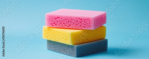 colorful sponges stacked on a light blue background, showcasing vibrant pink, yellow, and gray colors perfect for cleaning or kitchen supplies images photo