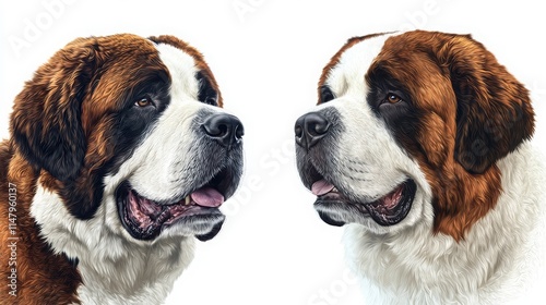 Detailed Portrait of Two Saint Bernard Dogs Facing Each Other