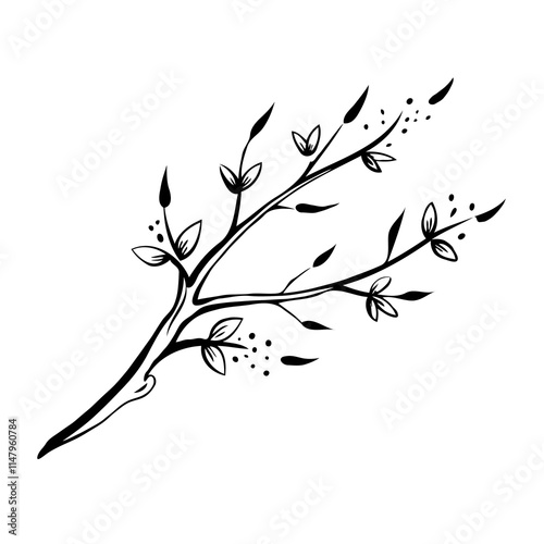Sophisticated sakura tree branch illustration with blooming blossoms and soft green leaves, delicately outlined to bring a sense of tranquility and fresh beginnings.