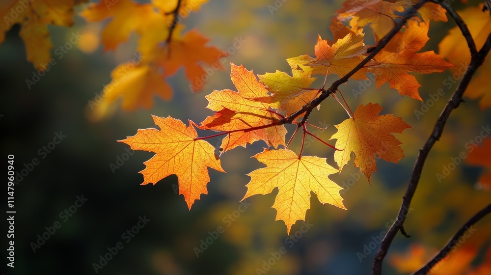 Fototapeta premium Vibrant Autumn Leaves Glowing in the Sunlight During a Peaceful Afternoon in a Scenic Park Landscape