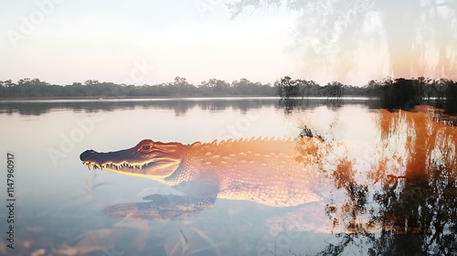 Silhouette of a cheetah fused with a sunset savannah scene in double exposure