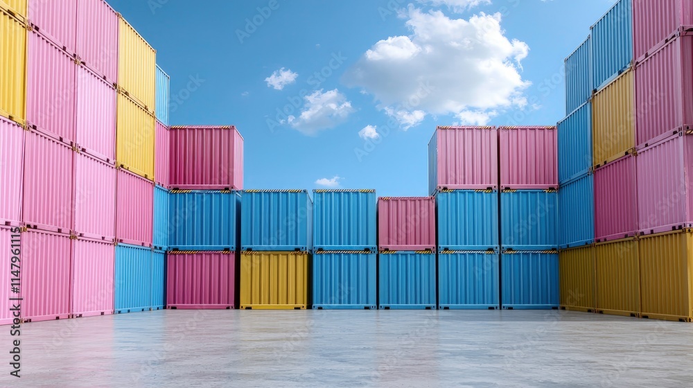 Fototapeta premium Stacked colorful pastel shipping containers in pink, blue, and yellow arranged in a yard under a blue sky.