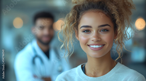 Happy young girl patient against the background of the hospital