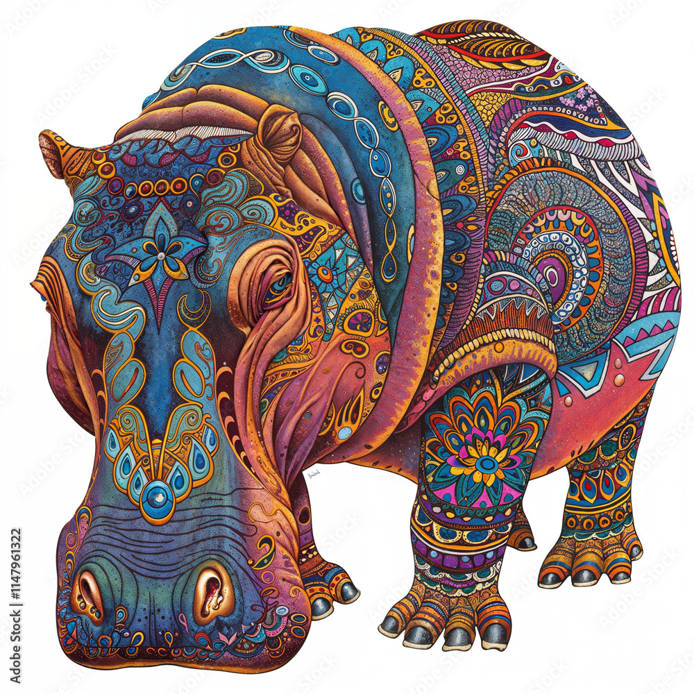 Obraz premium Colorful hippopotamus adorned with intricate patterns in vibrant shades as a striking artistic representation
