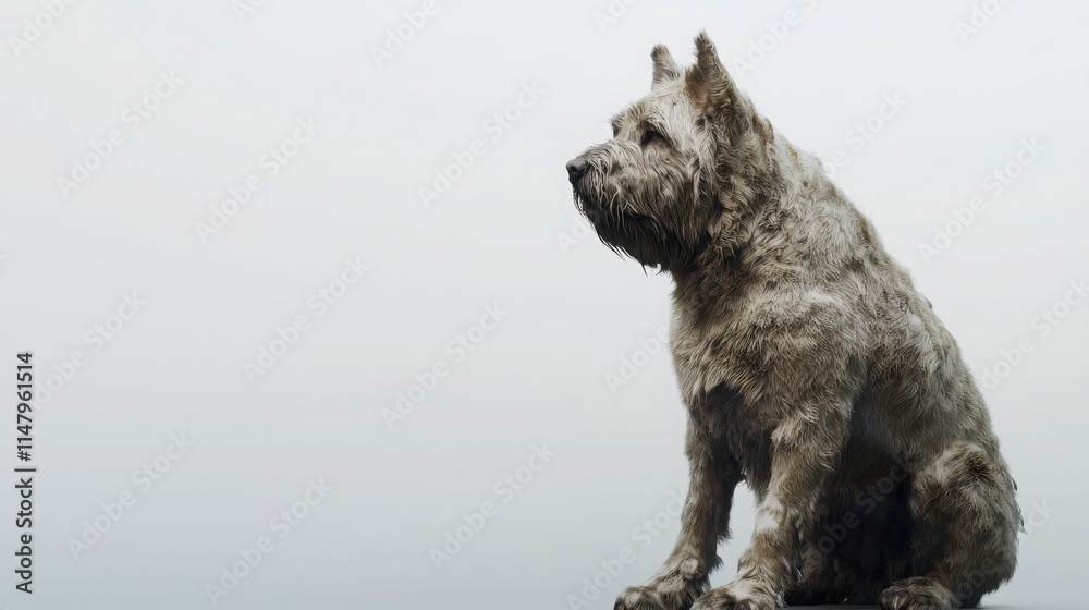 Naklejka premium Dog Sitting Calmly on a Rocky Surface Against a Foggy Background