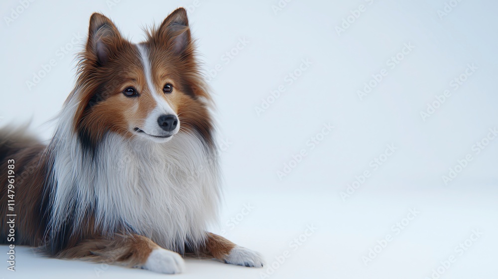 Naklejka premium Beautiful Shetland Sheepdog Relaxing Against Soft White Background