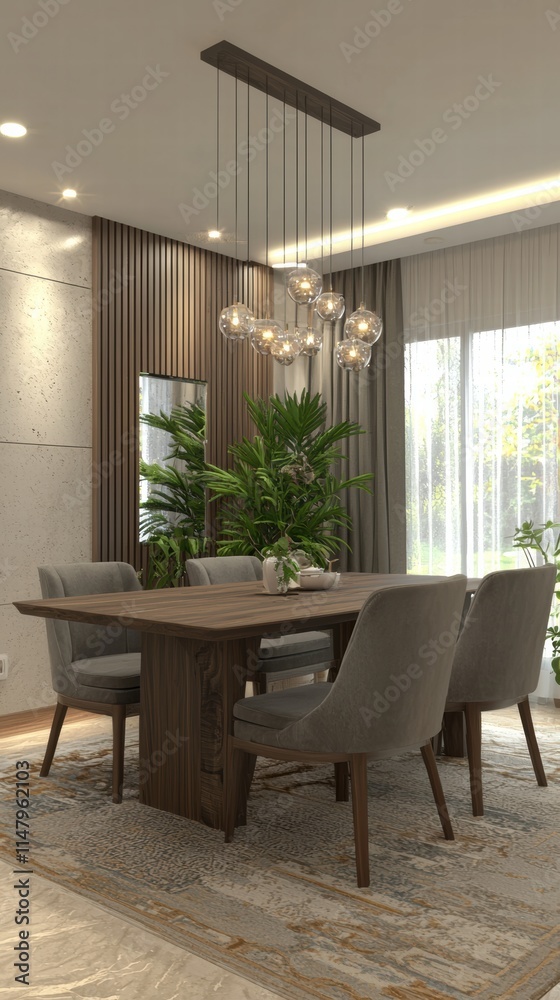 Minimalist dining room with wood table and vibrant green accents Minimalist dining room with wood table and vibrant green accents