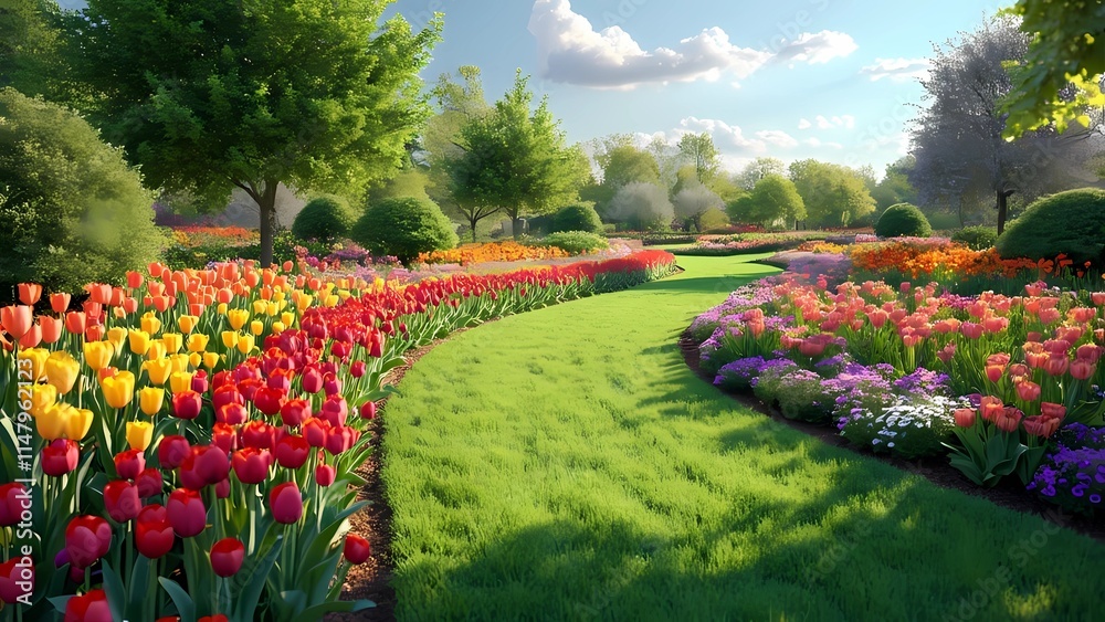 Fototapeta premium Serene Spring Garden with Vibrant Tulips and Flourishing Blooms.