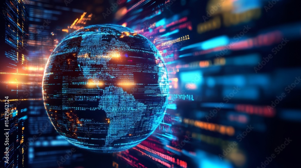 Fototapeta premium Dynamic Digital Representation of Earth Surrounded by Data Streams Illustrating Global Connectivity and Technology Advancements
