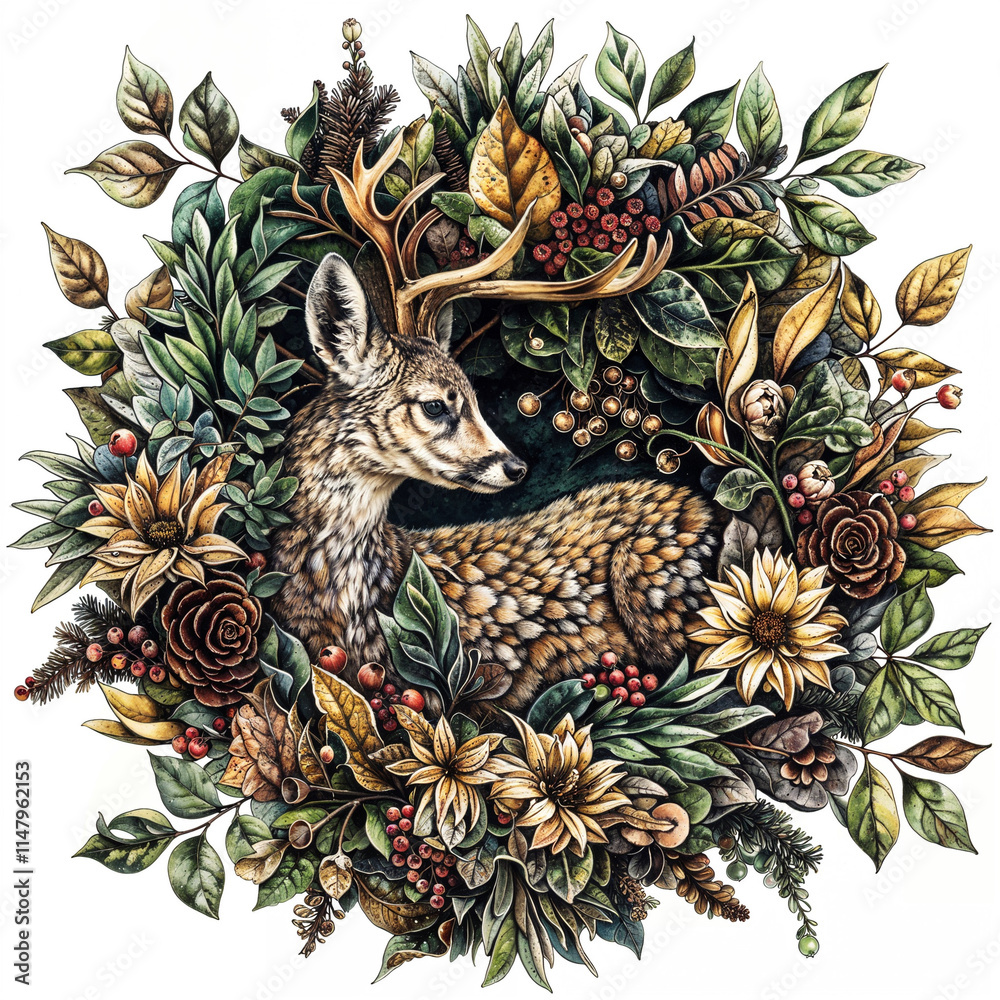 Obraz premium Artistic depiction of a deer surrounded by lush foliage and floral elements in a vibrant natural setting