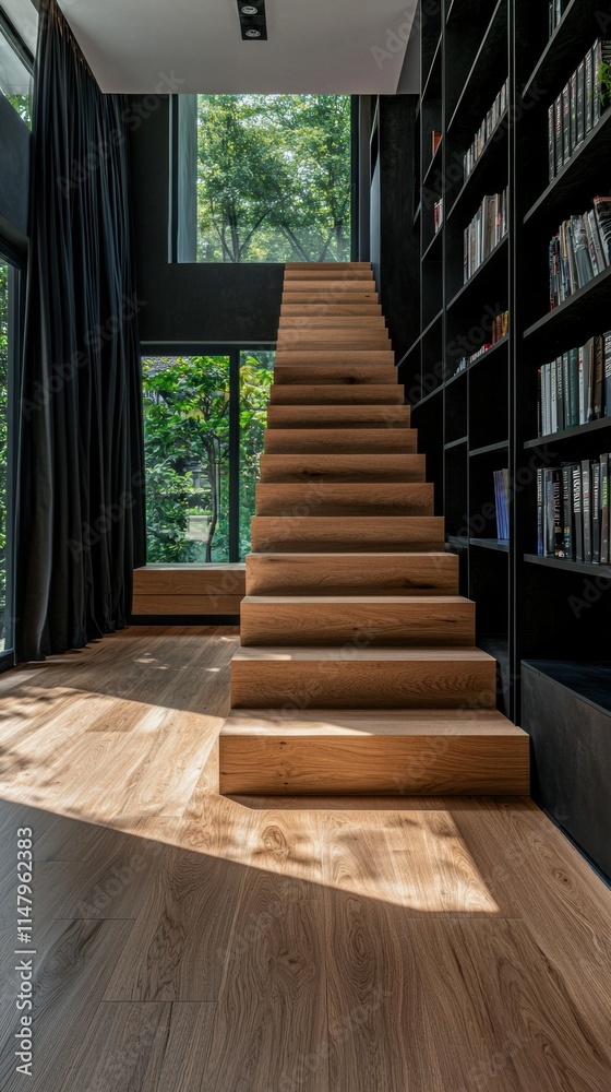 Sleek modern staircase with floating wood steps and natural light Sleek modern staircase with floating wood steps and natural light