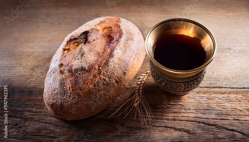 A cup of wine and unleavened bread are on a wooden surface. photo