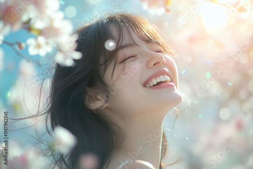 A young woman with dark hair smiles radiantly amidst blooming cherry blossoms in soft sunlight.