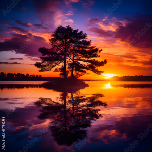 Stunning Sunset Over Peaceful Lake: A Mesmerizing Display of Natural Beauty in Compact 6x8 cm Dimensions photo