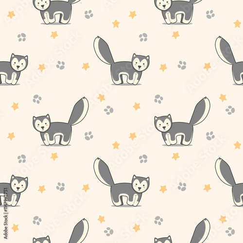 Siberian husky cartoon so cute. On star paw background. Pattern seamless vector illustration. 
