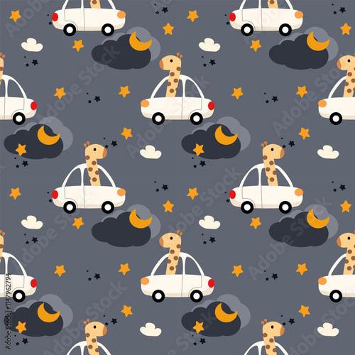 Giraffe drive a car cartoon so cute. On moon star cloud gray background. Pattern seamless vector illustration. 