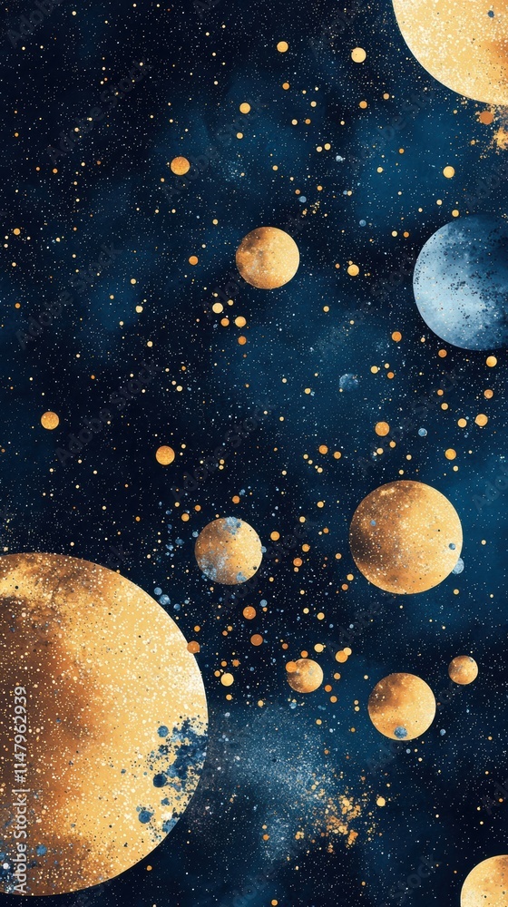Fototapeta premium Cosmic abstraction golden orbs amidst glittering blue specks