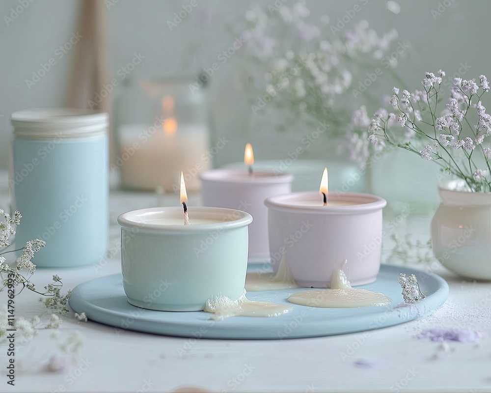 A blue, white, and pink candle holder with three candles in it A blue, white, and pink candle holder with three candles in it