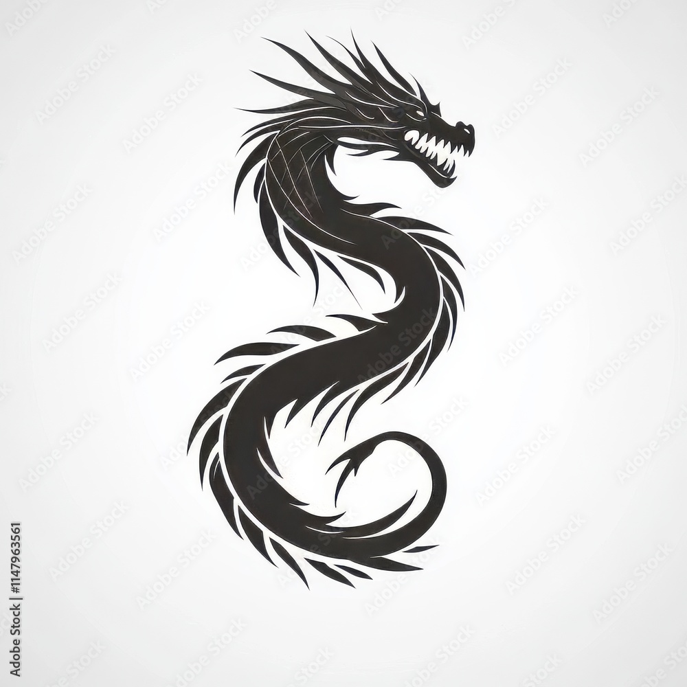 Detailed black tribal dragon tattoo design on a white background, showcasing mythical elegance and power. Detailed black tribal dragon tattoo design on a white background, showcasing mythical elegance and power.