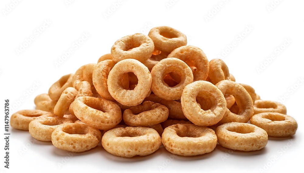 A pile of light brown, ring-shaped cereal is displayed against a white background A pile of light brown, ring-shaped cereal is displayed against a white background