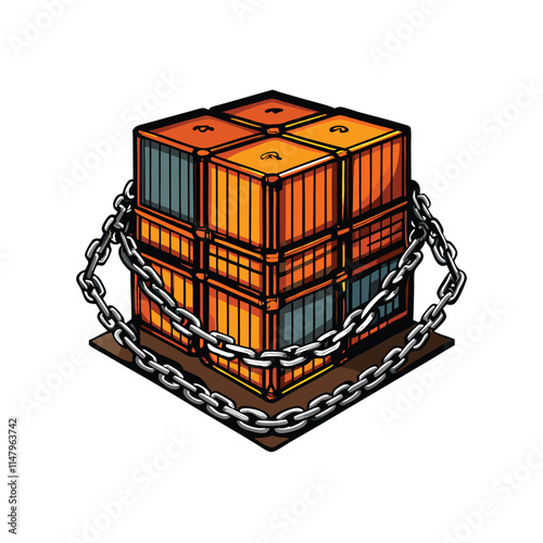 Create a realistic vector illustration of a ship's cargo hold, meticulously detailing stacked crates, cargo nets, and structural elements. Show realistic lighting and shadows.