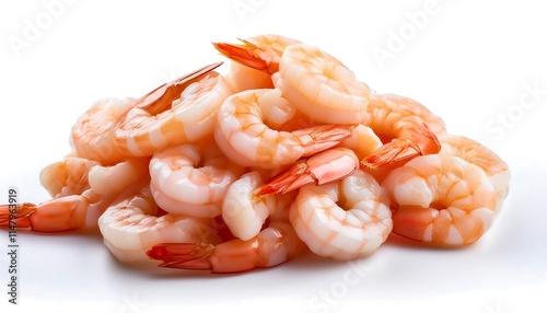 A pile of raw, peeled shrimp is positioned against a white background