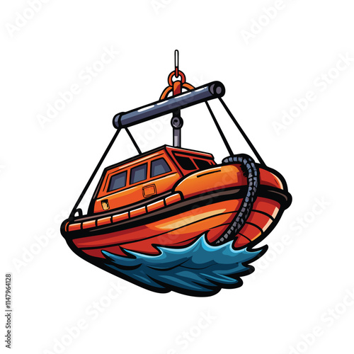 Create a highly realistic vector illustration of a ship's davit system lowering a lifeboat, showing detailed mechanisms and rigging.