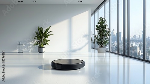 imagine prompt: industrial manufactured smart robotic vacuum cleaner in a minimali