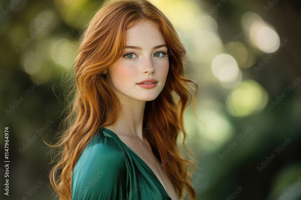 Naklejka premium A captivating portrait of a young woman with vibrant red hair and freckles, wearing a green dress.