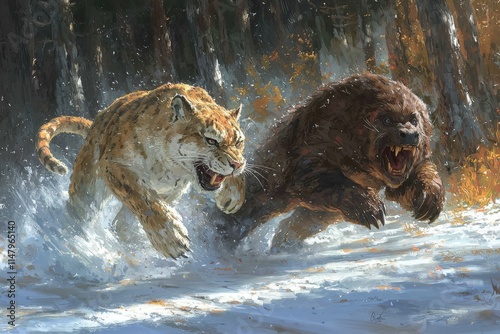Saber-toothed cat and short-faced bear confrontation in snowy forest.  Epic prehistoric wildlife battle. photo