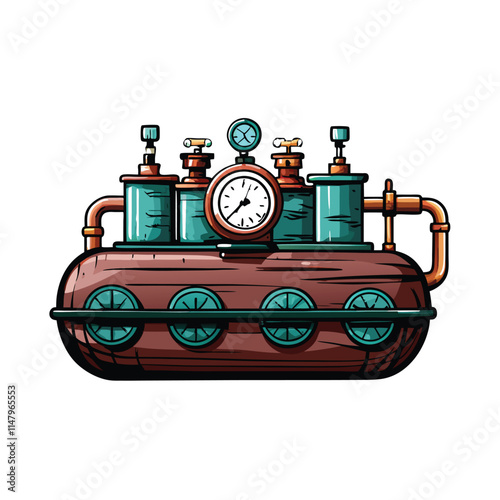 Create a realistic vector illustration of a ship's water ballast tank, showing internal structures and potential corrosion.  Include details like rivets, welds, and any sediment buildup.