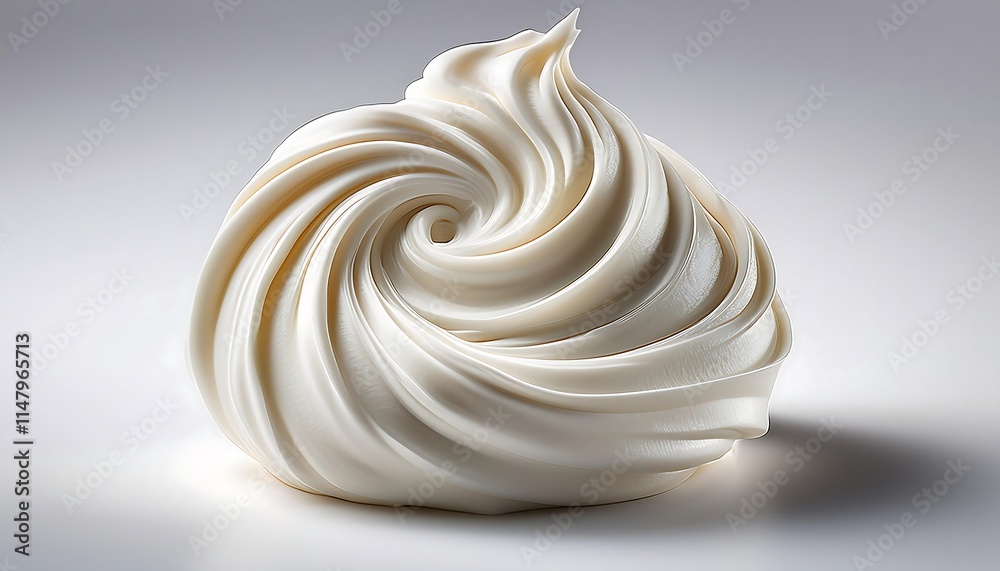 A swirl of white whipped cream stands against a plain white background A swirl of white whipped cream stands against a plain white background