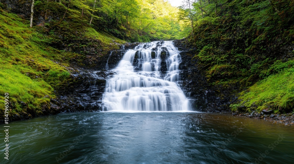 Obraz premium Serene Waterfall Cascading into Tranquil Pool Surrounded by Greenery