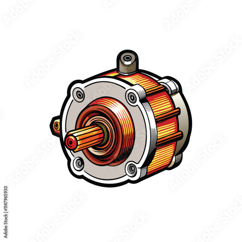 Create a photorealistic vector illustration of a stepper motor, showcasing intricate details like windings, rotor, and stator. Include accurate dimensions and technical annotations.
