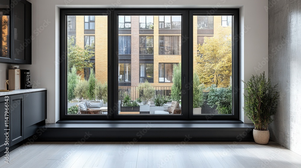 Fototapeta premium Modern kitchen view with large windows showcasing a vibrant outdoor garden.