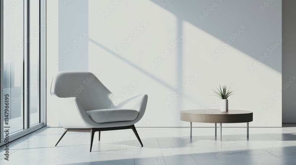Fototapeta premium Minimalist modern lounge with sleek, spacious design. Featuring clean lines and muted colors
