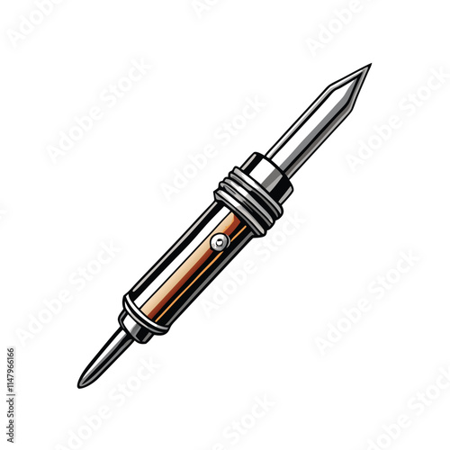 Create a highly realistic vector illustration of a soldering iron tip, showcasing its metallic texture and fine detail. Include a subtle highlight to emphasize the shape.