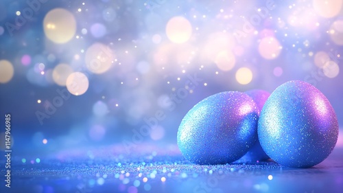 3D Render of Glittery Easter Eggs in Blue and Purple Background with Radiant Light Rays and Bokeh Effect – Festive and Spring-Themed Designs. Easter party concept