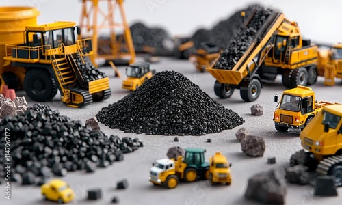 A miniature construction scene featuring piles of black material and construction vehicles.