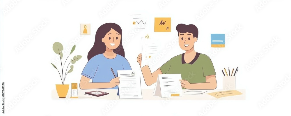 Fototapeta premium Happy family couple managing household budget, planning investment, analyzing paper utility bills, making payments and fill application forms together
