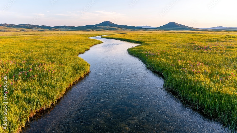 Obraz premium Serene River Flowing Through Lush Green Field in Scenic Landscape
