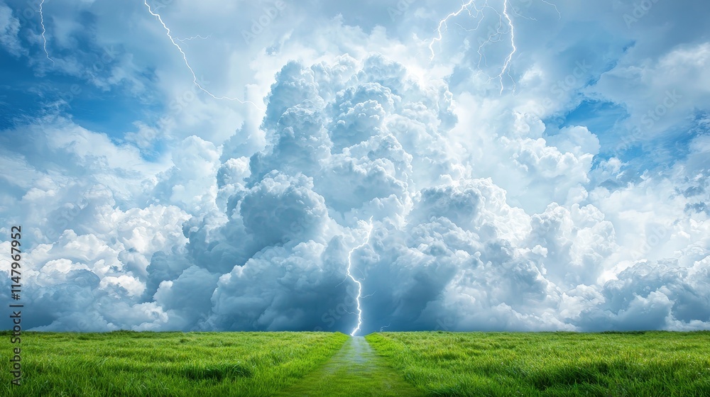Dramatic lightning strike over green field. Dramatic lightning strike over green field.