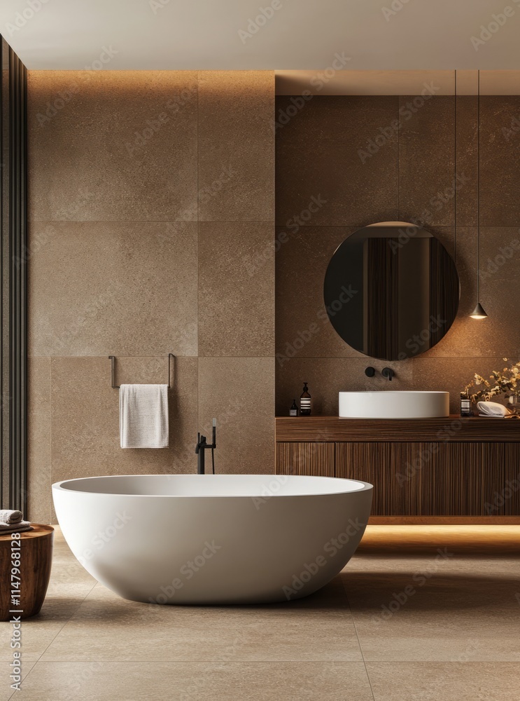 Modern minimalist bathroom interior design with mocha mousse color palette