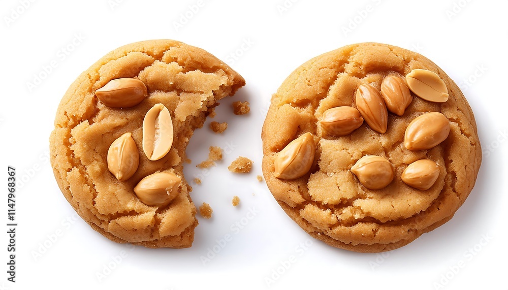 Two peanut butter cookies, one whole and one bitten, are placed on a white background Two peanut butter cookies, one whole and one bitten, are placed on a white background
