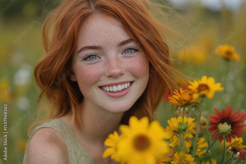 A freckled redhead smiles radiantly amidst a vibrant field of wildflowers. A freckled redhead smiles radiantly amidst a vibrant field of wildflowers.