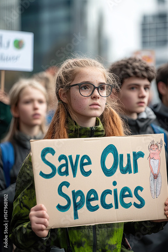 Young activists with “Save Our Species” signs at an environmental protest photo