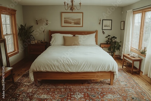 Cozy and Inviting Bedroom with Natural Light, Wooden Furniture, and Elegant Decor, Perfect for Relaxation and Comfort in a Contemporary Home Setting