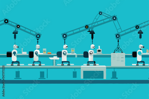 Futuristic smart factory collaborative robots automate intricate assembly tasks on a donkey's rear, showcasing advanced robotic dexterity and precision in an unusual application.