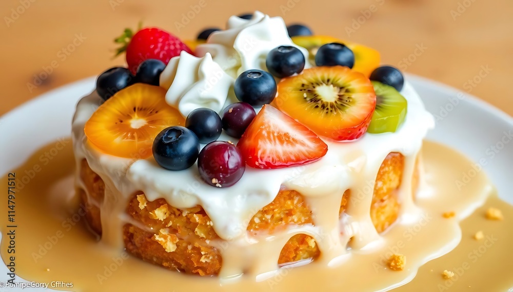 Delicious fruit topped dessert cake with creamy sauce Delicious fruit topped dessert cake with creamy sauce