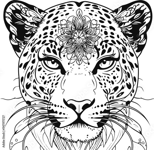 A minimalist, intricately designed coloring page for adults, featuring a majestic leopard's face as the central focus, adorned with an exquisite mandala pattern